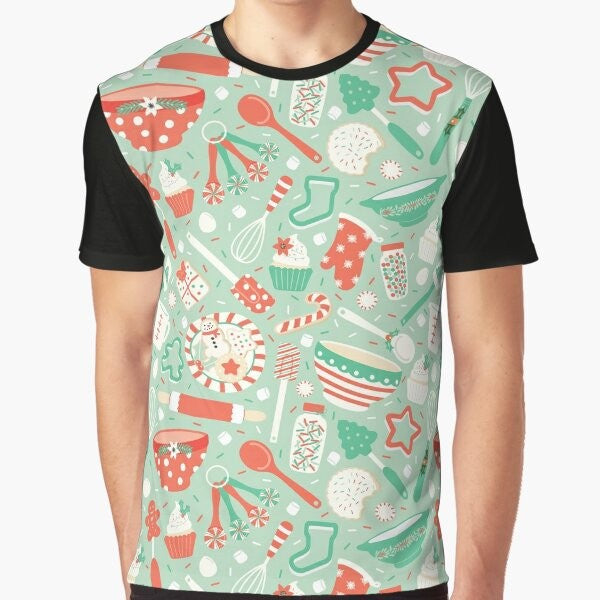 A vibrant graphic t-shirt featuring various Christmas baking elements like cookies, cupcakes, and candy canes.