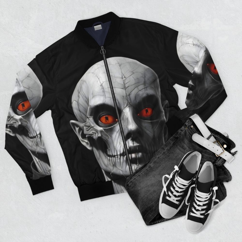 Spooky and eerie bomber jacket with a mysterious skull design - Flat lay