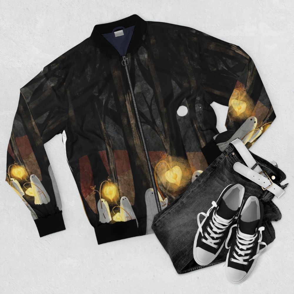 Haunted Ghost Bomber Jacket in a Spooky Forest Landscape with Glowing Lights - Flat lay