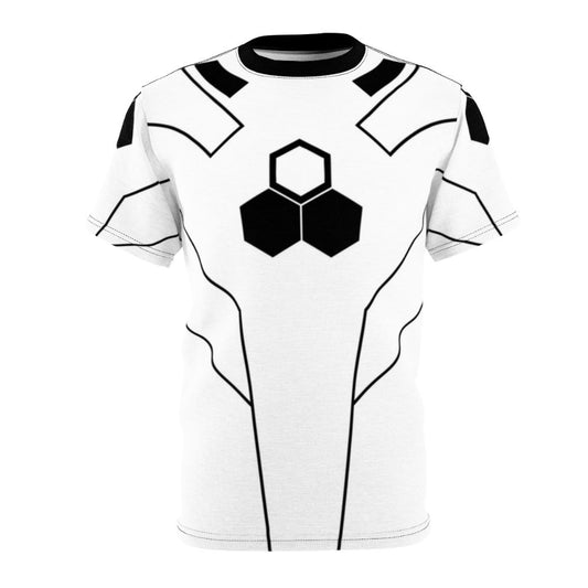 T-shirt featuring a futuristic hexagon emblem design inspired by Marvel comics superheroes