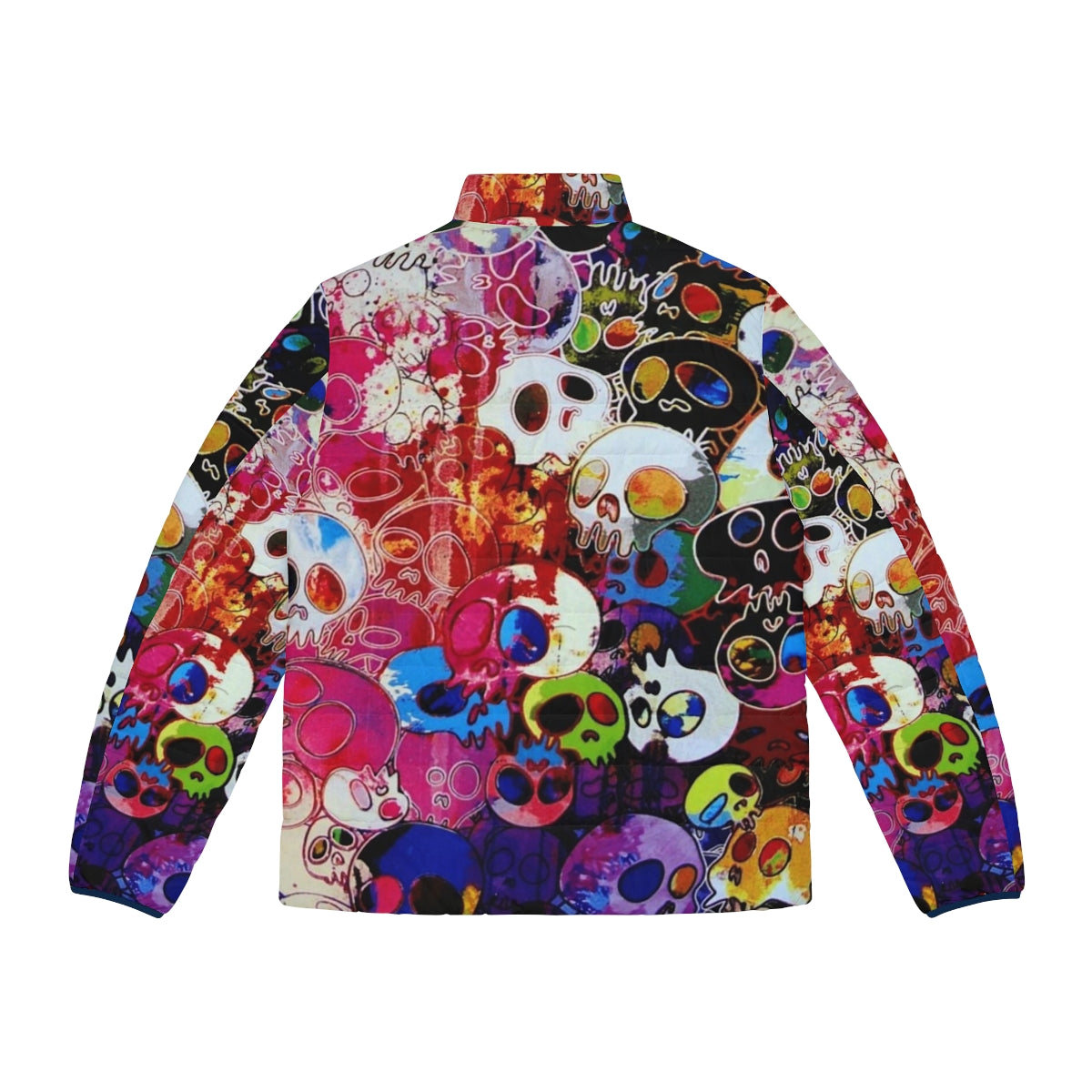 Colorful rainbow skull puffer jacket featuring Takashi Murakami's iconic flower design - Back