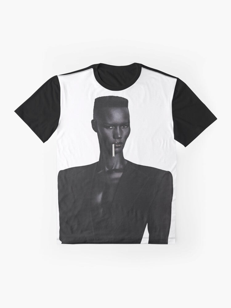 Graphic t-shirt featuring a portrait of iconic musician and actress Grace Jones - Flat lay