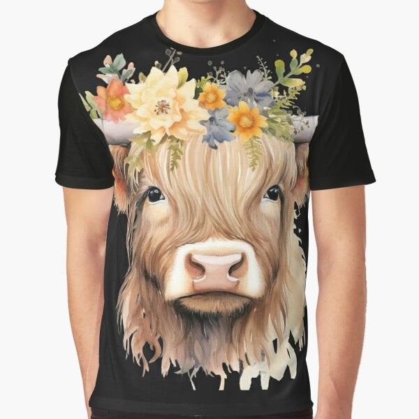 Cute baby highland cow graphic on a white t-shirt