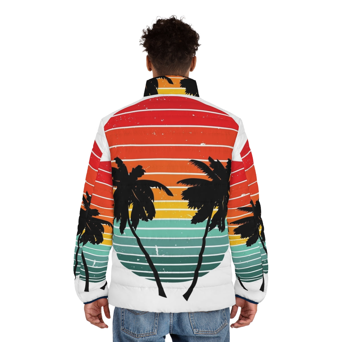 Black puffer jacket with vibrant orange, palm, and sunrise inspired design - men back