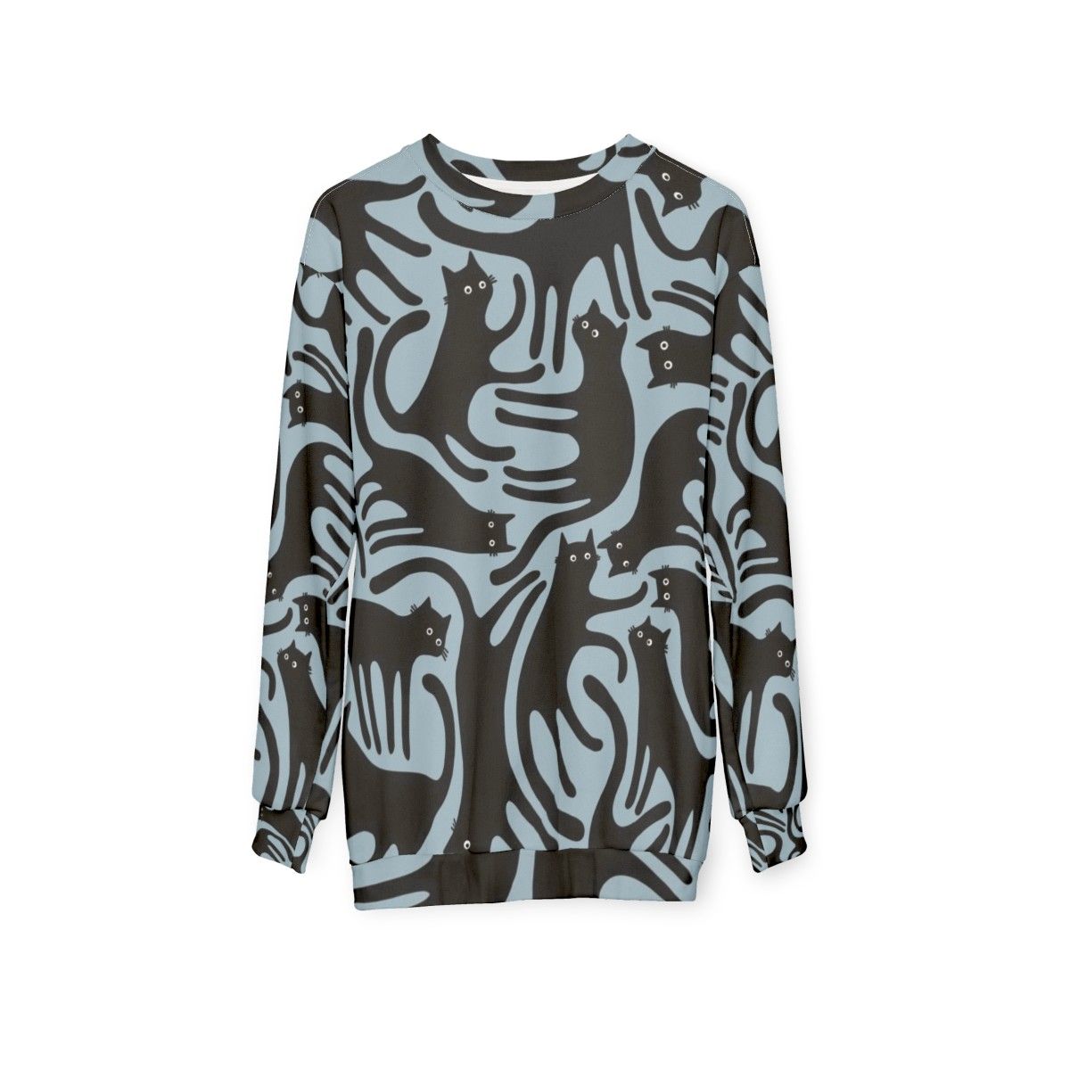 Blue sweatshirt with a modern black cat print design - hanging