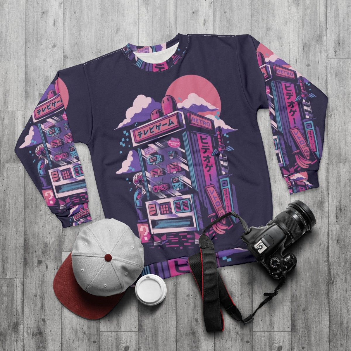 Vintage retro gaming sweatshirt with pixelated neon design - flat lay