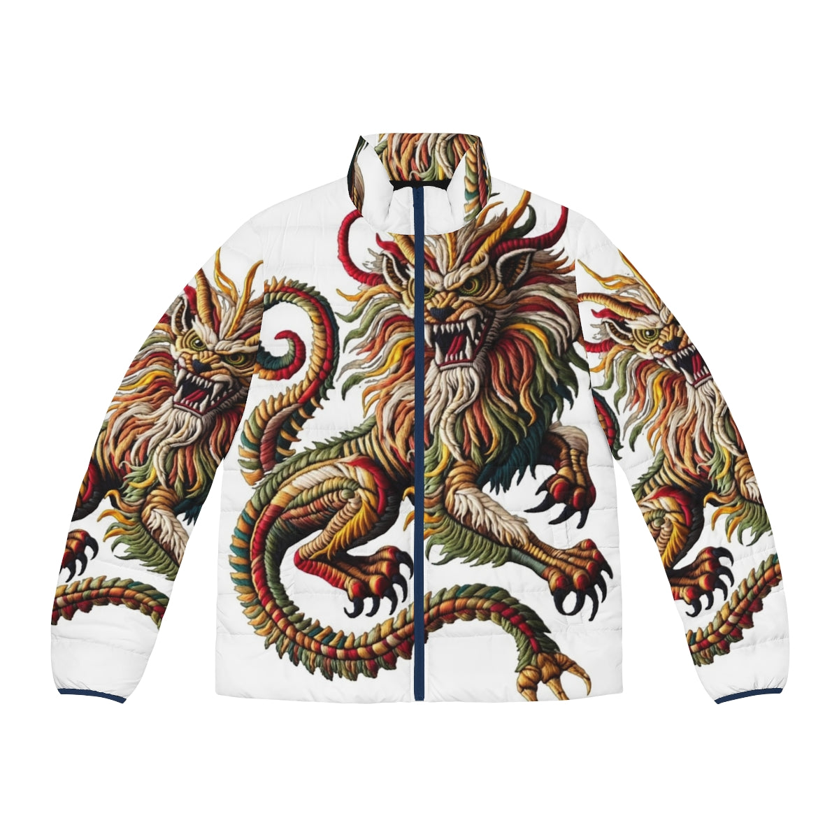 Manticore puffer jacket with embroidered fantasy animal design