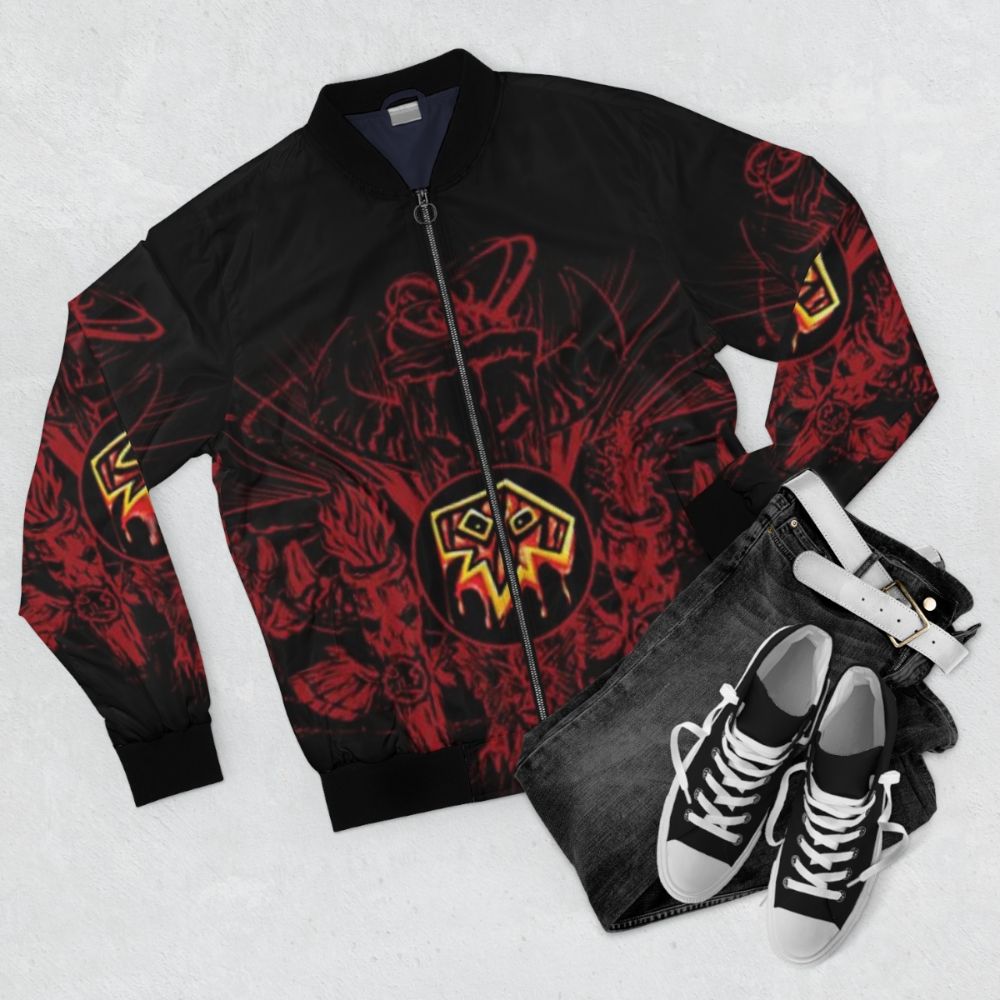 Shaman logo bomber jacket with a bold graphic design - Flat lay