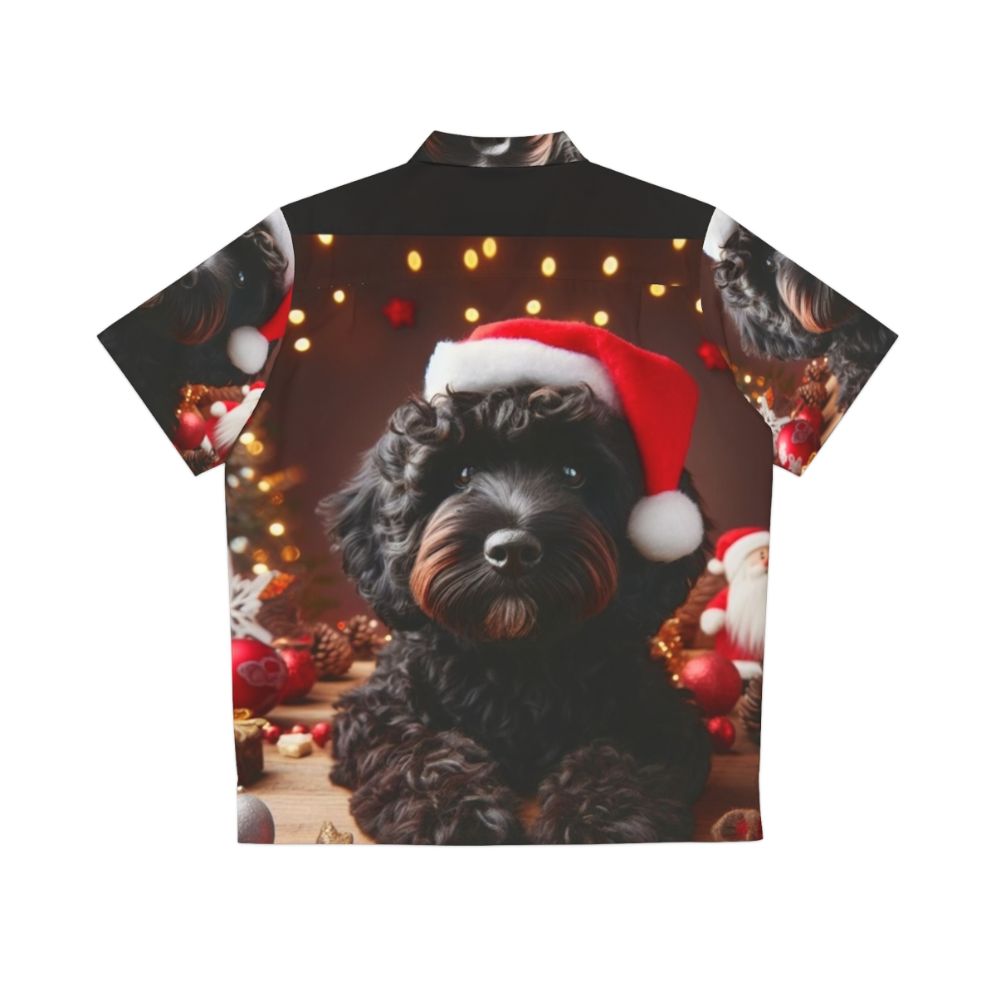 Black Cockapoo wearing a Santa hat on a Christmas Hawaiian Shirt - Back