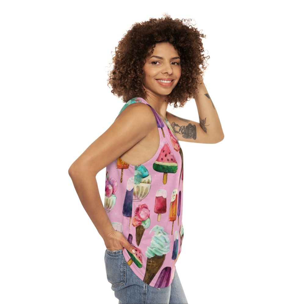 Model wearing an ice cream pattern unisex tank top - women side