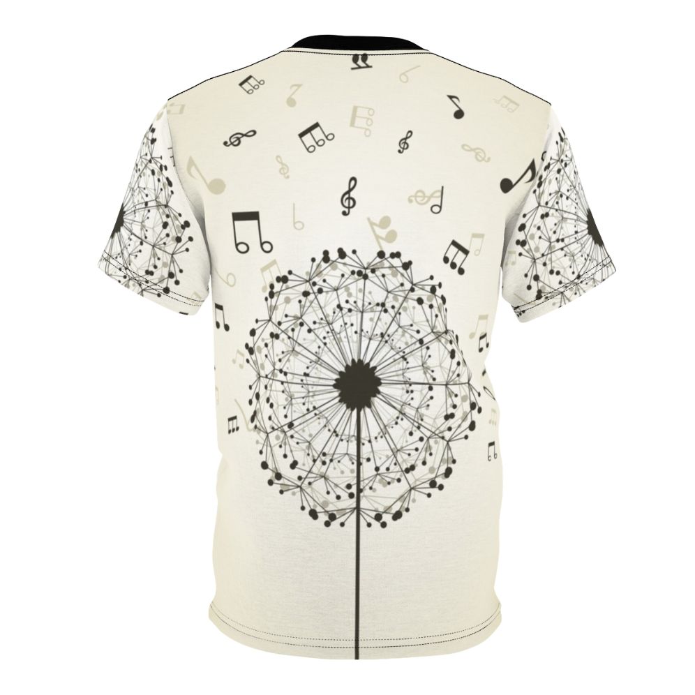 A t-shirt design featuring a dandelion flower with musical notes, representing the harmony between nature and music. - Back