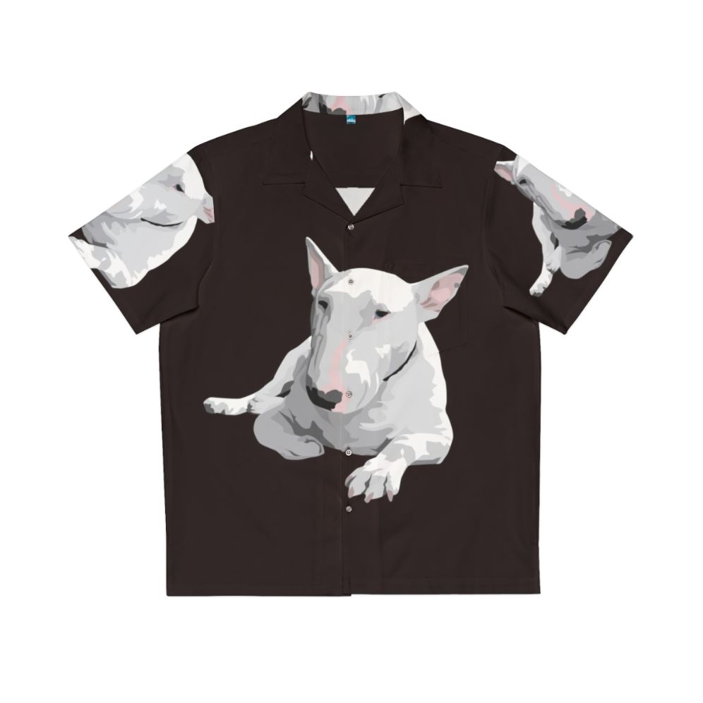 English Bull Terrier wearing a colorful Hawaiian shirt