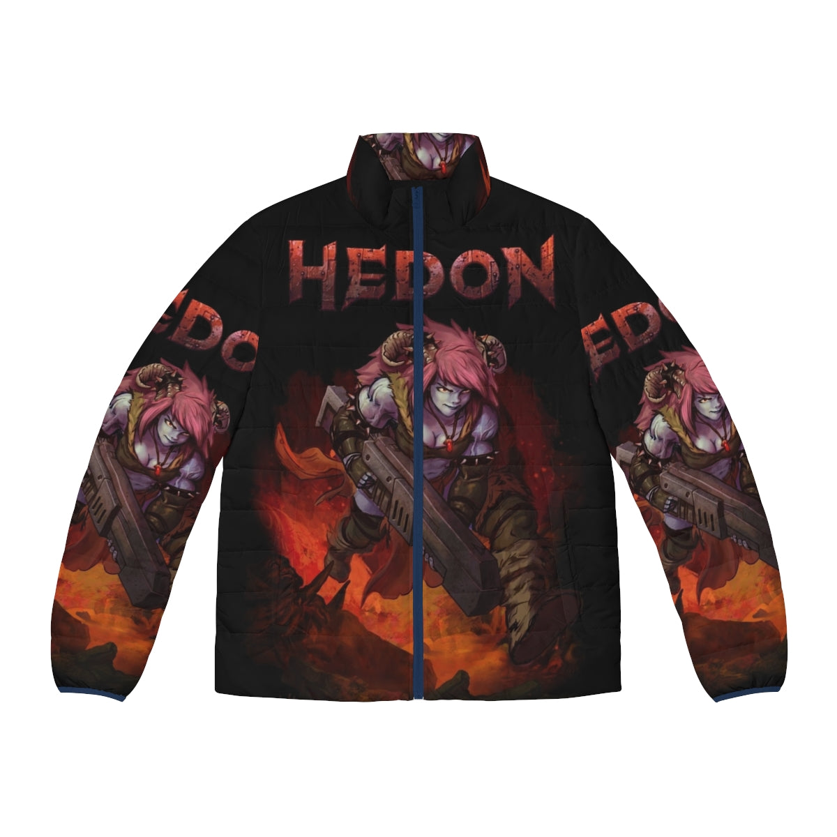 Hedon Zan fantasy puffer jacket with retro splash cover art design