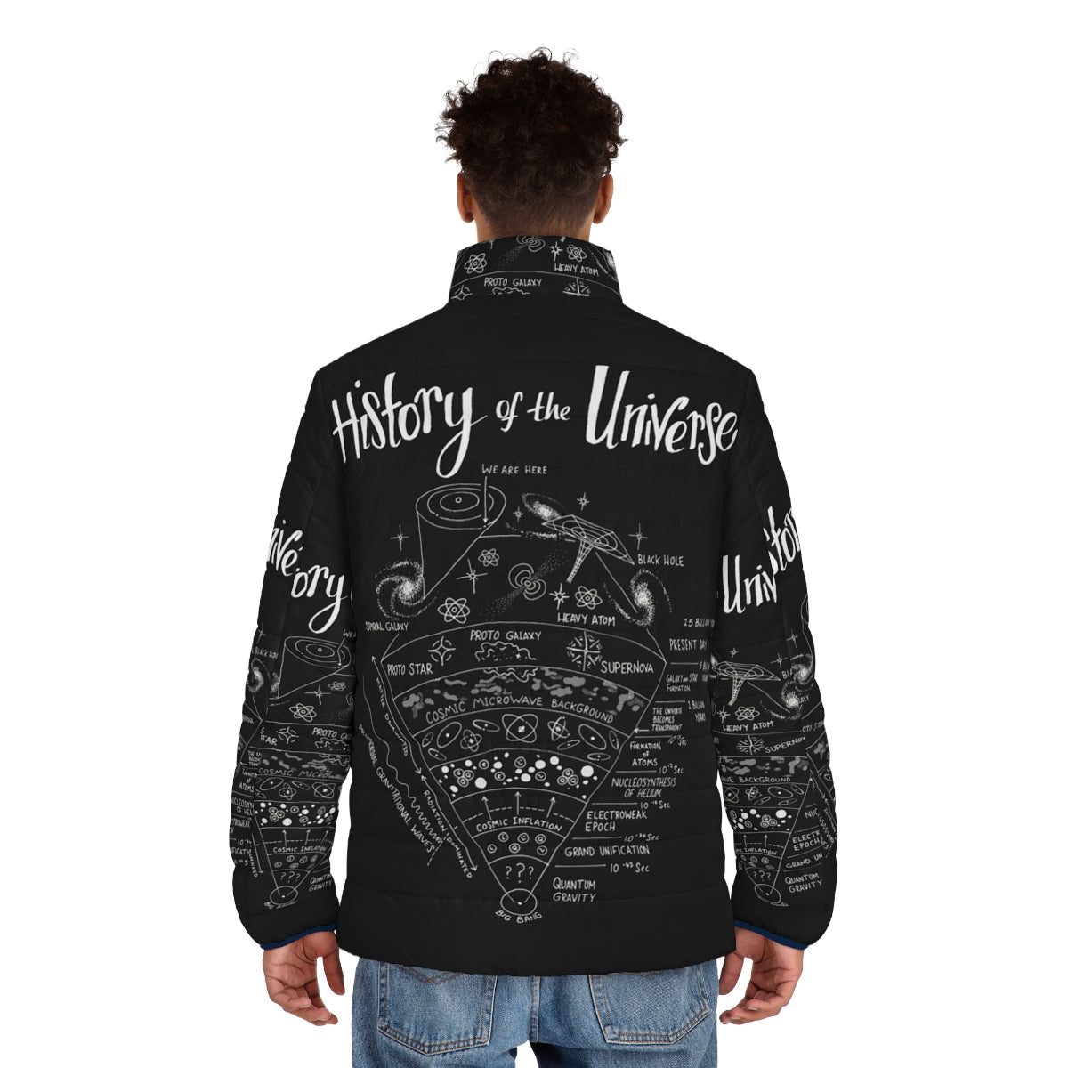 A puffer jacket featuring a diagram and illustration of the history of the universe, space, and cosmology - men back