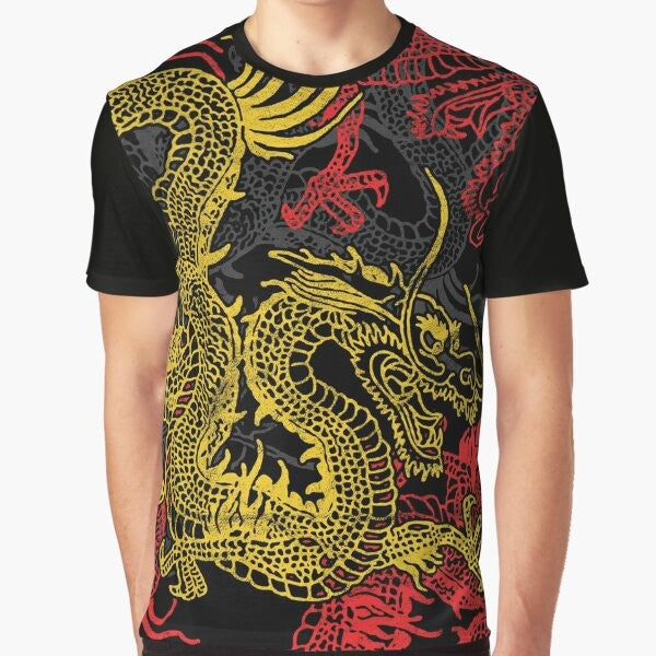 Graphic t-shirt featuring a golden Chinese dragon pattern, a mythical and powerful creature from Asian folklore.