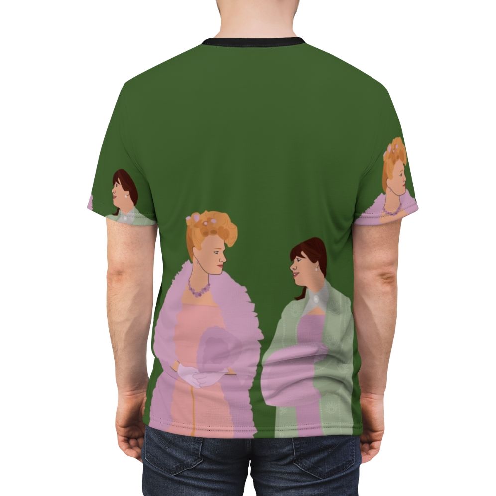 A high-quality all-over-print t-shirt featuring designs inspired by the characters Eloise Bridgerton and Cressida Cowper from the Netflix series Bridgerton. - men back