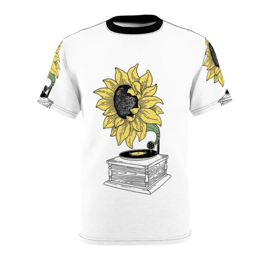 A t-shirt featuring a vintage-inspired illustration of sunflowers and a gramophone