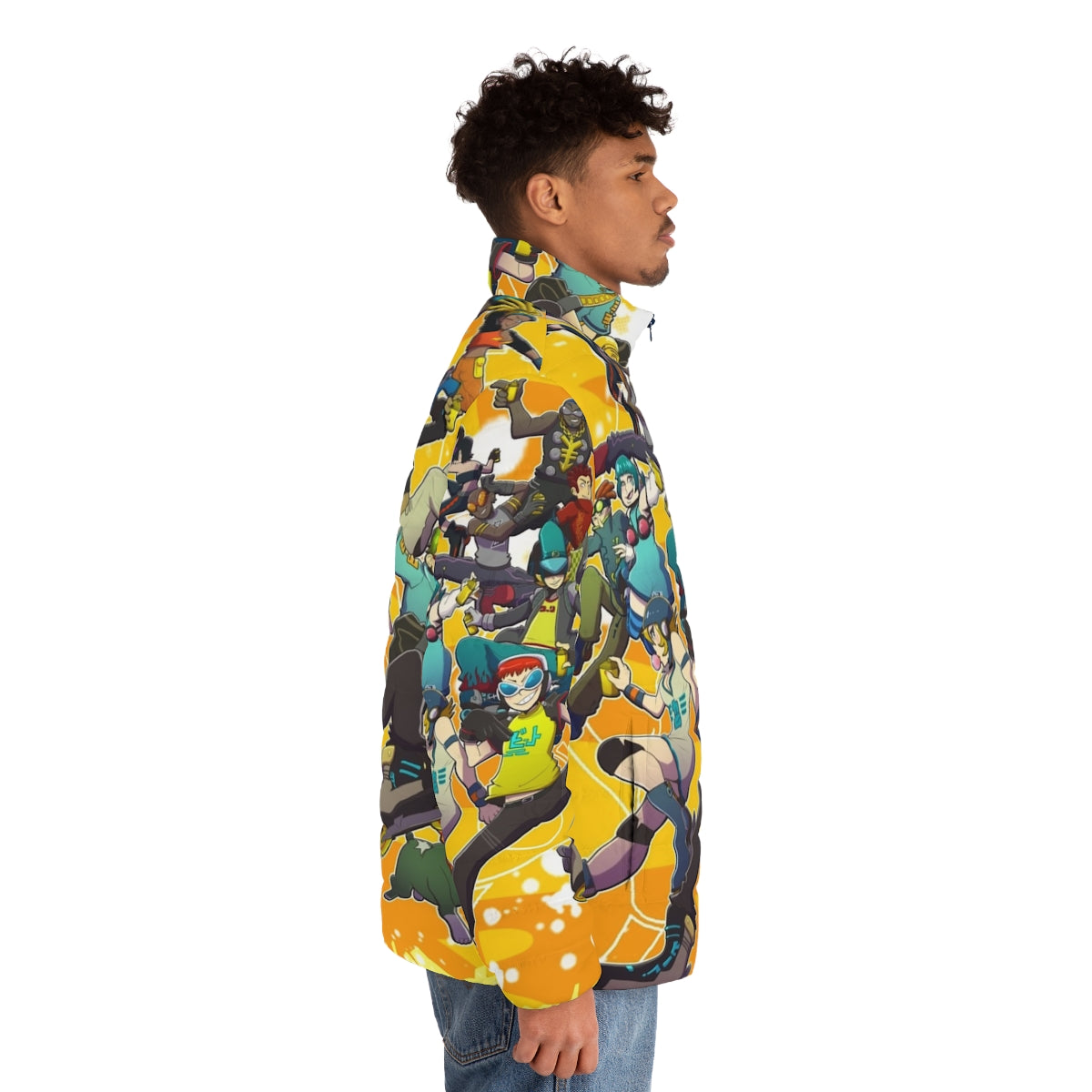 JSRF Puffer Jacket featuring graffiti-inspired streetwear design - men side right