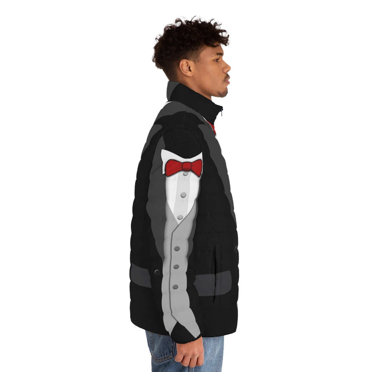 A black puffer jacket with a classic tuxedo look, featuring a red bowtie and vest for a unique formal style. - men side right