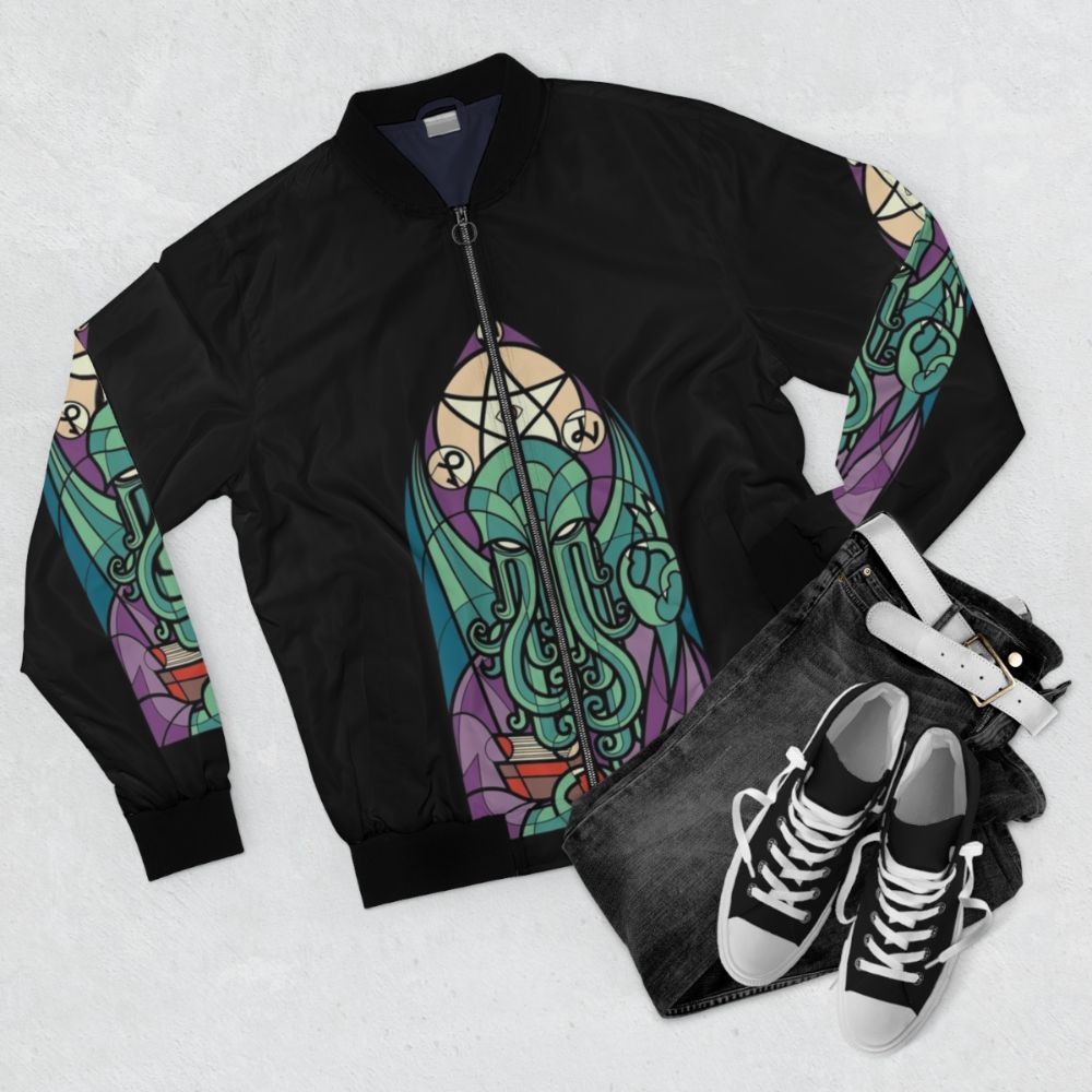 Cthulhu inspired bomber jacket with tentacle and primordial design - Flat lay