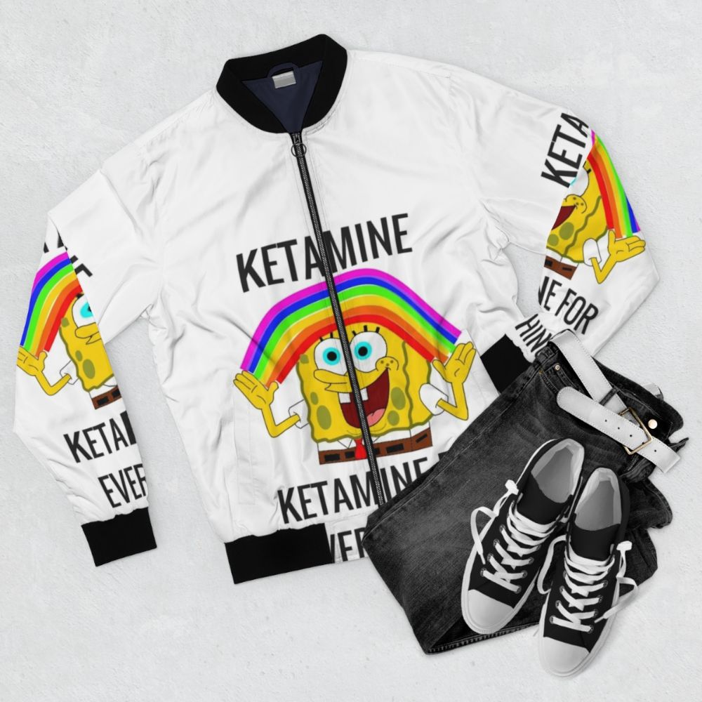 Ketamine Bomber Jacket with Paramedic and EMT Meme Graphics - Flat lay