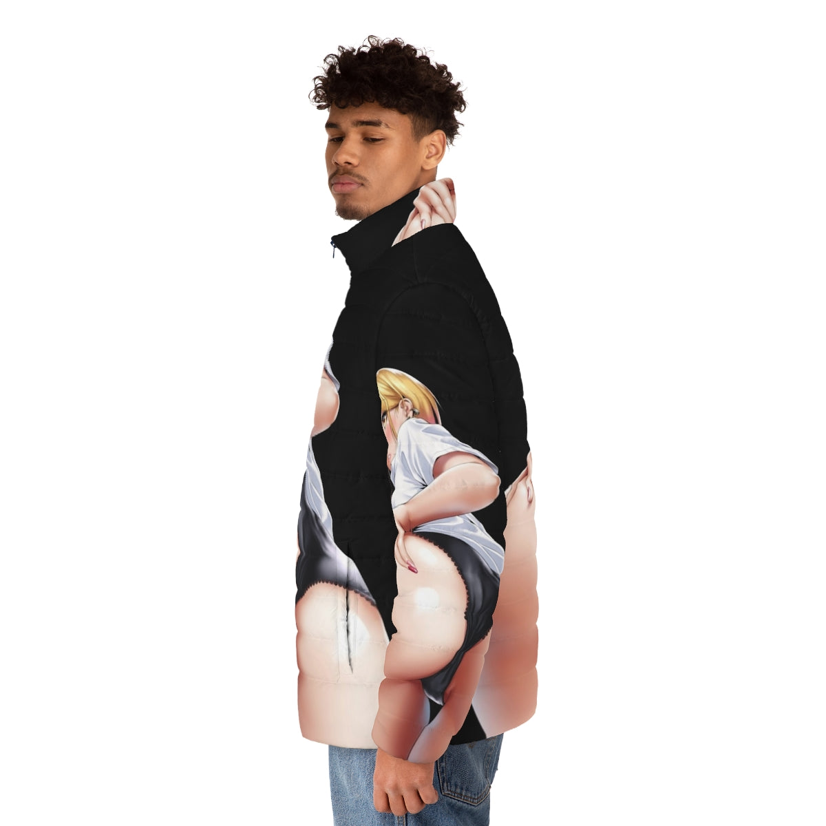 Puffer jacket featuring a cute anime girl illustration - men side left