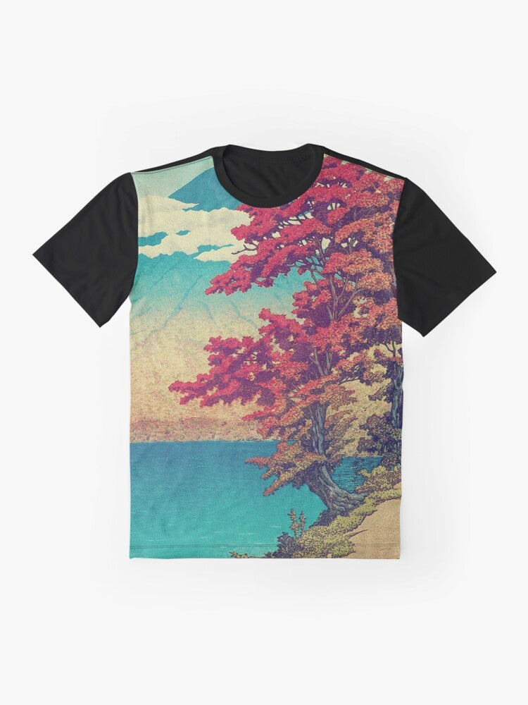 Ukiyo-e inspired landscape graphic t-shirt featuring a mountain, lake, and clouds in shades of red, blue, and summer/autumn tones - Flat lay