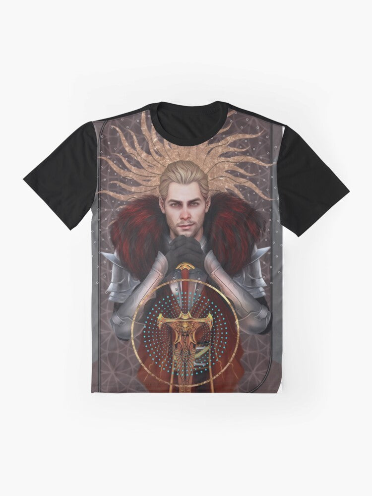 Commander Tarot Graphic T-Shirt featuring Cullen Rutherford from the Dragon Age series - Flat lay