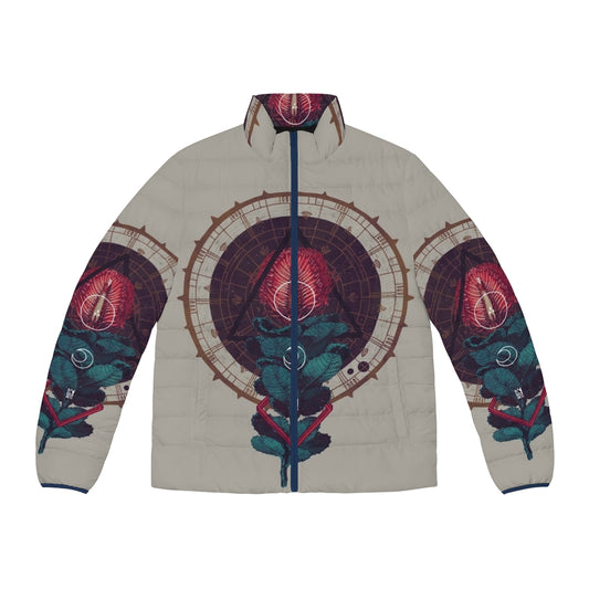 Birth Puffer Jacket featuring sacred geometry and abstract art design