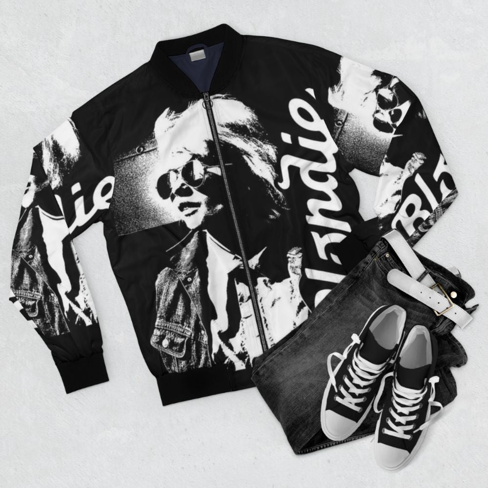 Retro punk rock bomber jacket with Debbie Harry and Blondie inspired design - Flat lay