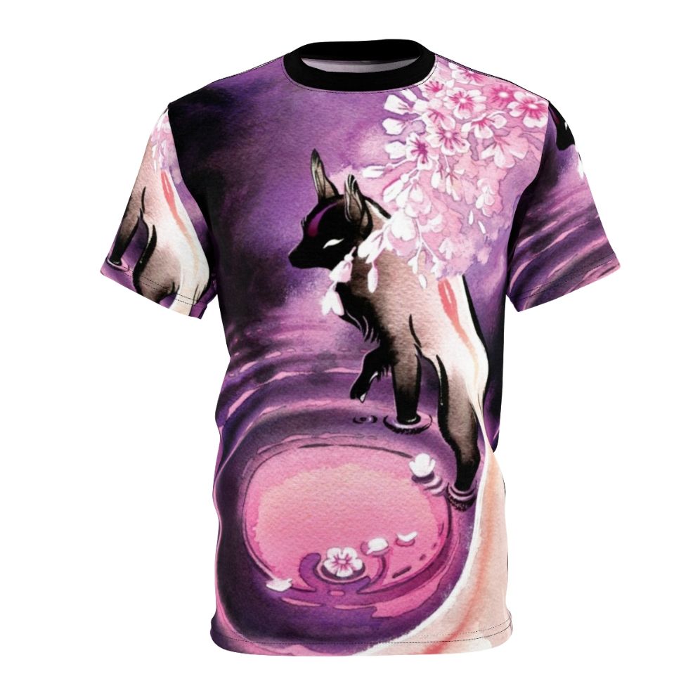 Stunning anime-inspired t-shirt design featuring a rose moon, sakura blossoms, and a kitsune fox