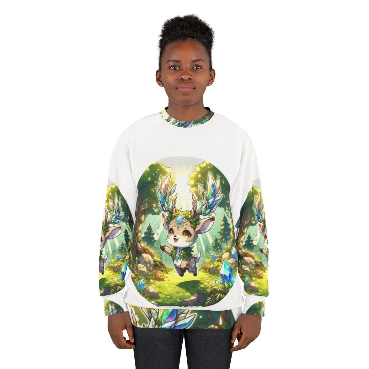 Deer sweatshirt with fantasy crystal forest design - women