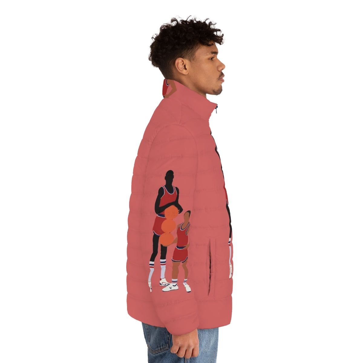 Manute Bol and Muggsy Bogues inspired puffer jacket with basketball art design - men side right