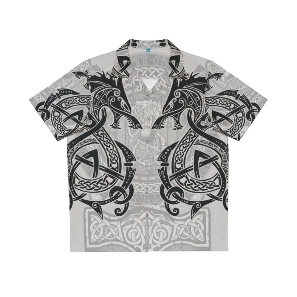 Fighting Fenrir Black Hawaiian Shirt with Norse Mythology Inspired Designs