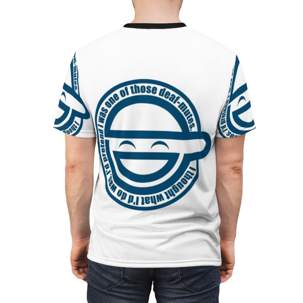 Anime-inspired "Laughing Man" graphic print on a high-quality t-shirt for anime and manga fans. - men back