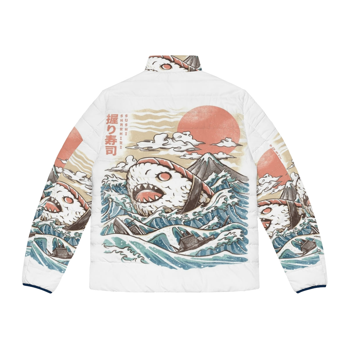 Sharkiri Sushi Puffer Jacket with anime-inspired sushi and shark design - Back