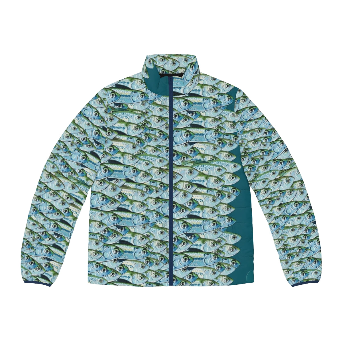 Green Backs Puffer Jacket with fishing and marine themed design