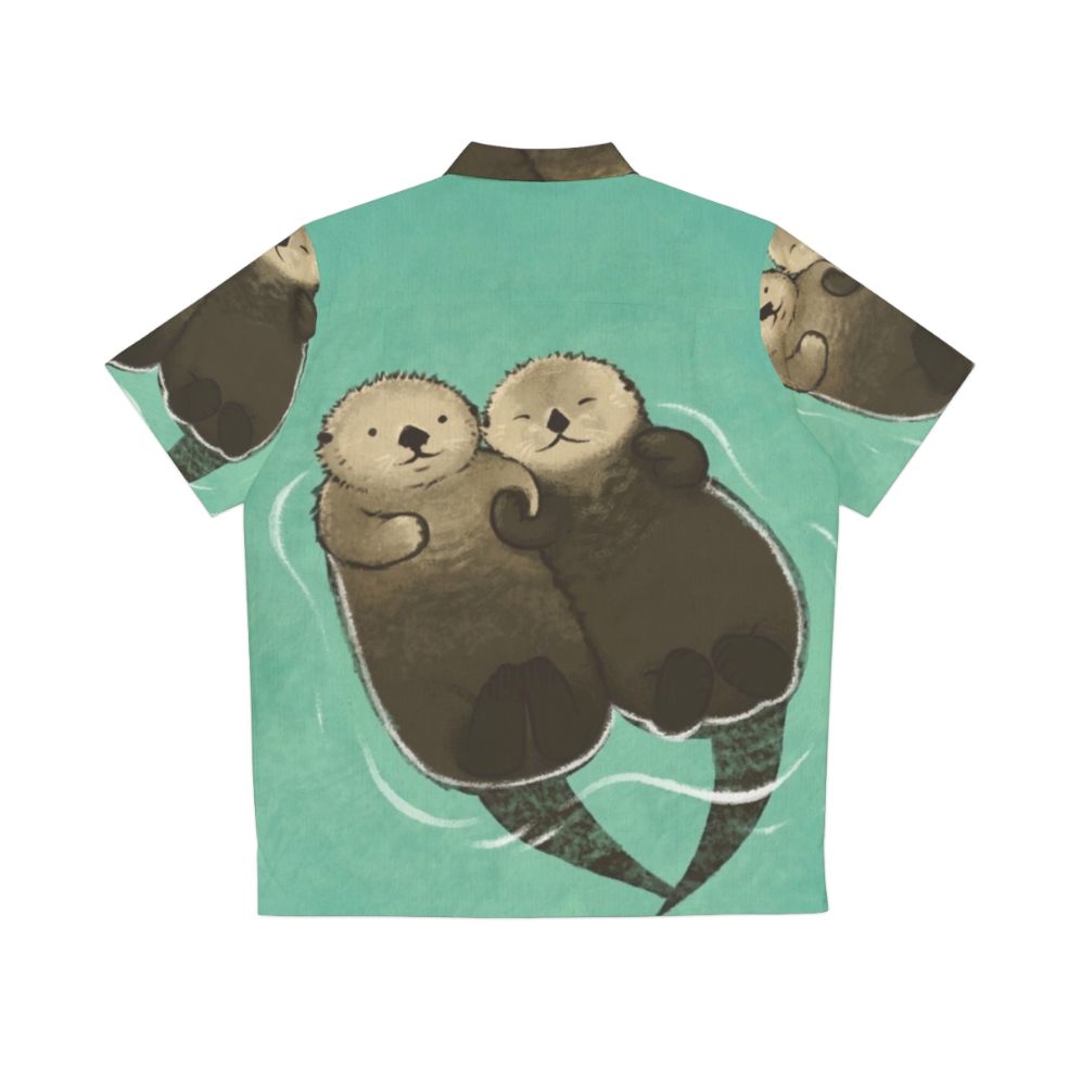 Adorable otters holding hands printed on a vibrant Hawaiian shirt - Back