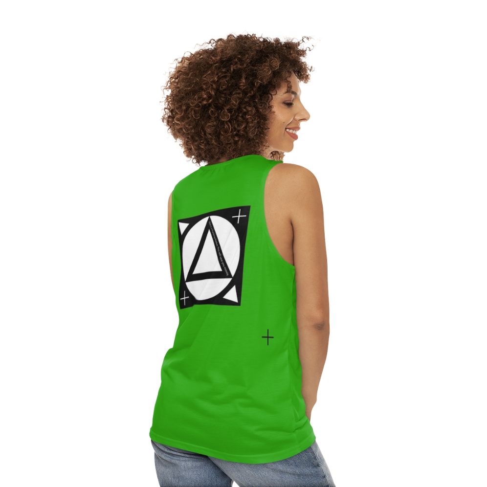 Unisex tank top with tracking markers for visual effects and green screen filming - women back