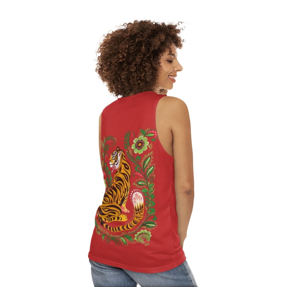 Unisex tank top with vibrant tiger folk art design - women back