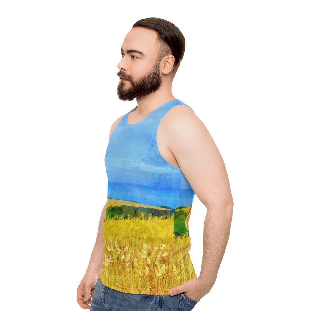 Unisex tank top with a ghost in a wheat field design - men side