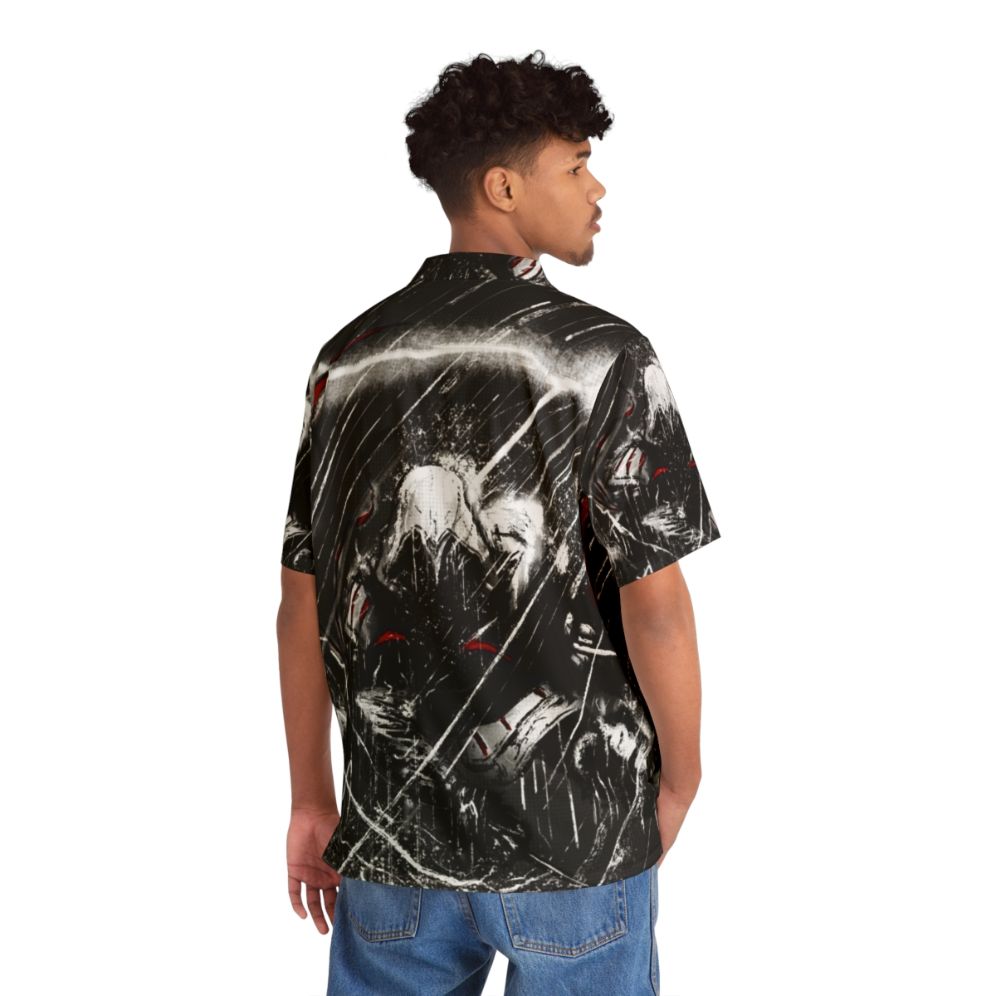 Assassin's Creed inspired Hawaiian shirt with thunder and rain design - Flat lay