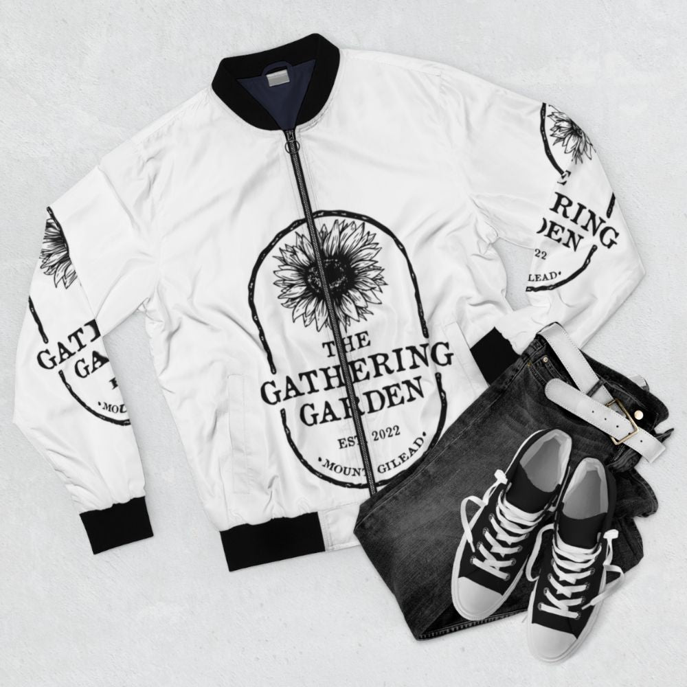 Gathering Garden Bomber Jacket featuring the Mount Gilead, North Carolina community garden - Flat lay