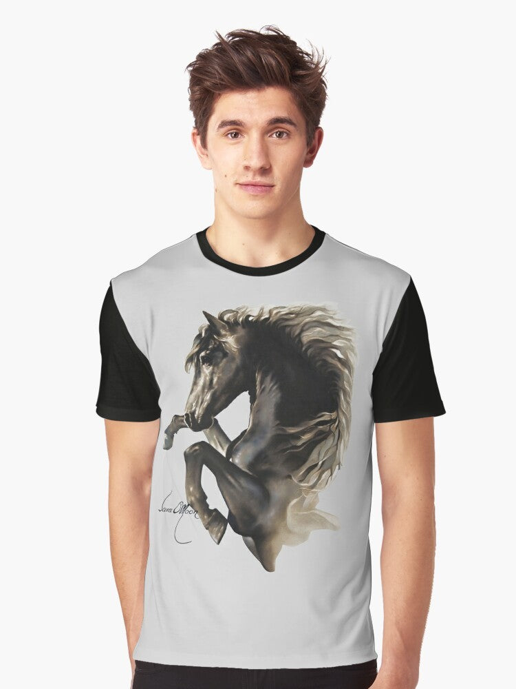 A powerful black horse rearing up in a graphic design on a black t-shirt - Men