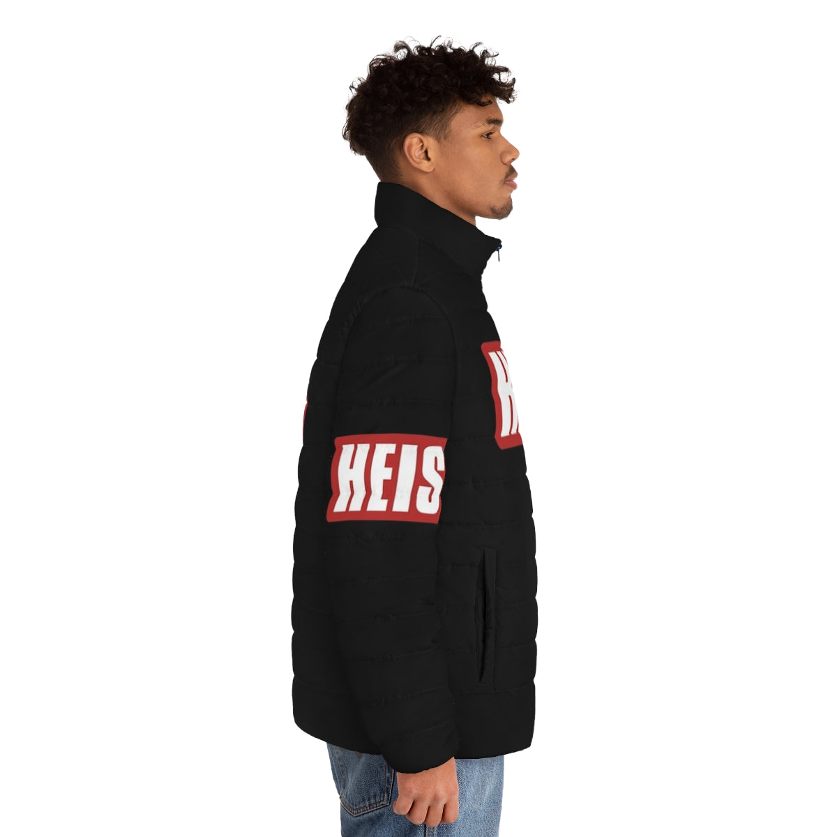 Stylish money heist puffer jacket with text art design - men side right