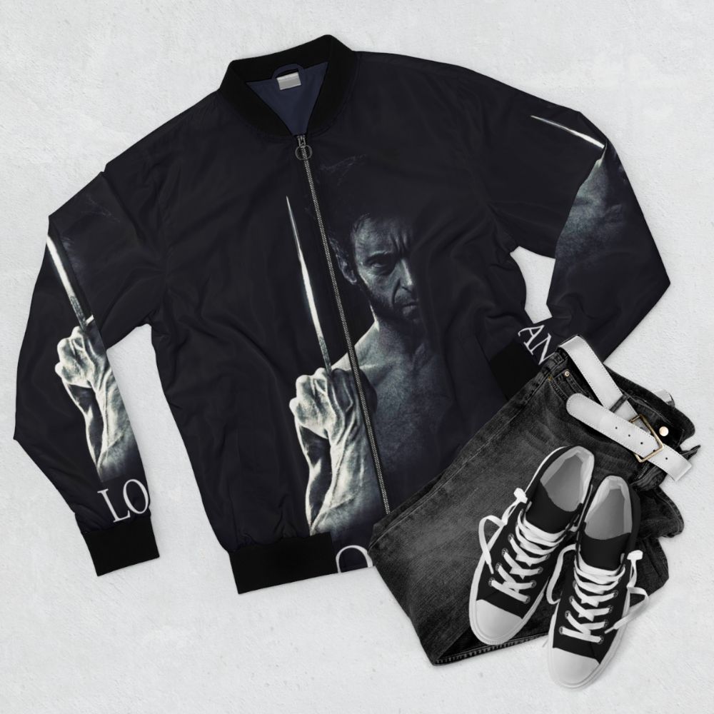 Logan Wolverine Bomber Jacket - XMen Superhero Movie Fanart - Flat lay