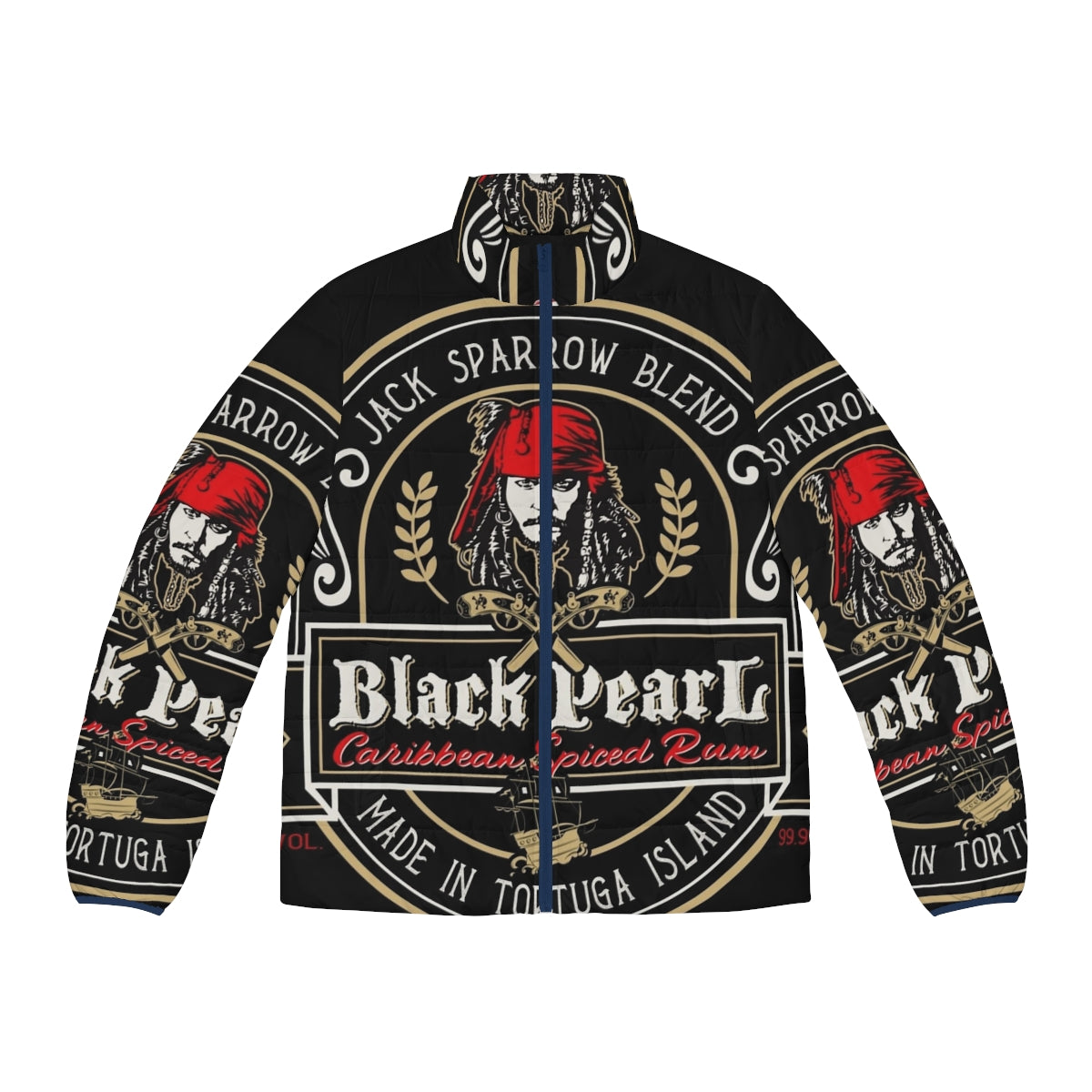 Black Pearl Rum Puffer Jacket featuring a pirate skull design