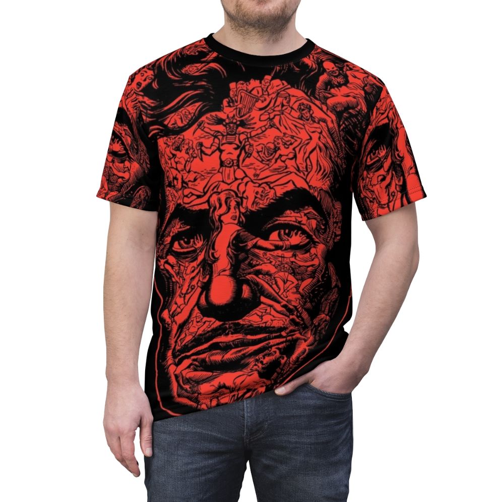 Vintage-inspired t-shirt design featuring Edgar Allan Poe's 'The Masque of the Red Death' horror theme - men front