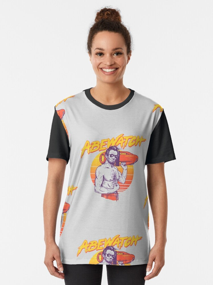 Vintage-style graphic t-shirt with an image of Abraham Lincoln wearing a lifeguard outfit - Women