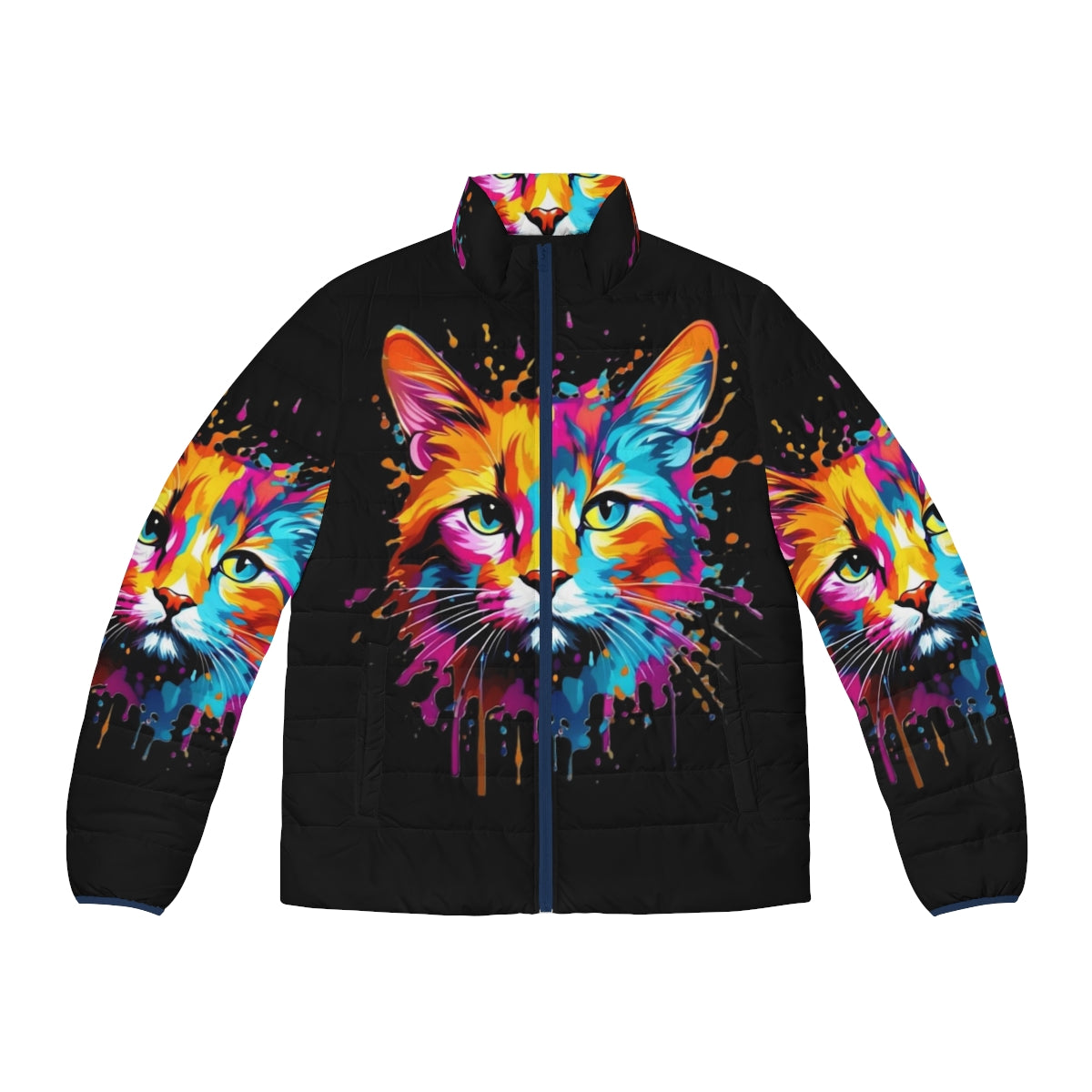 Colorful cat splash design puffer jacket with nature-inspired style